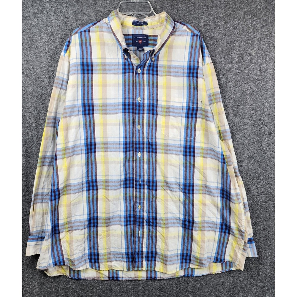 Saddlebred Button Front Shirt Mens 3XLT Blue Yellow Plaid Easy Care Big & Tall